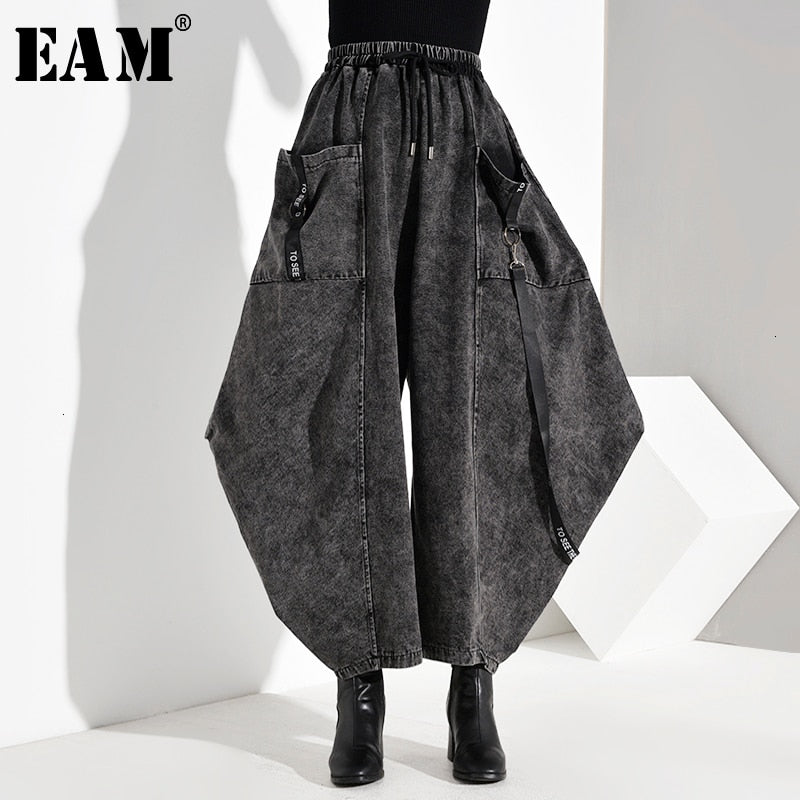 [EAM] High Elastic Waist Pocket Split Long Denim Wide Leg Trousers New Loose Fit Pants Women Fashion Spring Autumn 2020 1D2020