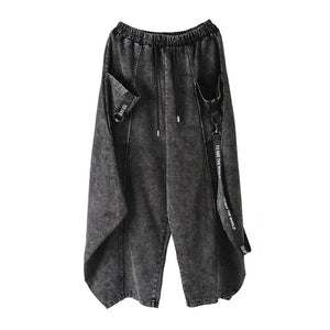 [EAM] High Elastic Waist Pocket Split Long Denim Wide Leg Trousers New Loose Fit Pants Women Fashion Spring Autumn 2020 1D2020