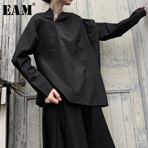 [EAM] Women Black Big Size Asymmetrical  Blouse New Skew Collar Long Sleeve Loose Fit Shirt Fashion Spring Autumn 2020 19A-a603