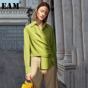 [EAM] Women Green Asymmetrical Pleated Blouse New Lapel Long Sleeve Loose Fit Shirt Fashion Tide Spring Autumn 2020 1S065