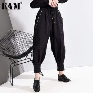 [EAM] High Elastic Waist Black Button Long Harem Trousers New Loose Fit Pants Women Fashion Tide Spring Autumn 2020 1D21001