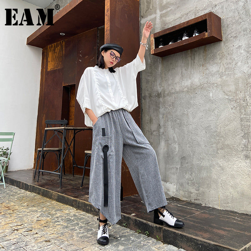 [EAM] High Elastic Waist Gray Ribbon Long Wide Leg Trousers New Loose Fit Pants Women Fashion Tide Spring Autumn 2020 1T771