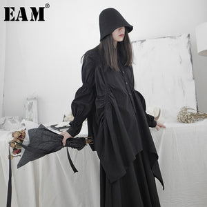 [EAM] Women Black Asymmetrical Pleated Big Size Blouse New Lapel Long Sleeve Loose Fit Shirt Fashion Spring Autumn 2020 1S22201