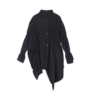 [EAM] Women Black Asymmetrical Pleated Big Size Blouse New Lapel Long Sleeve Loose Fit Shirt Fashion Spring Autumn 2020 1S22201