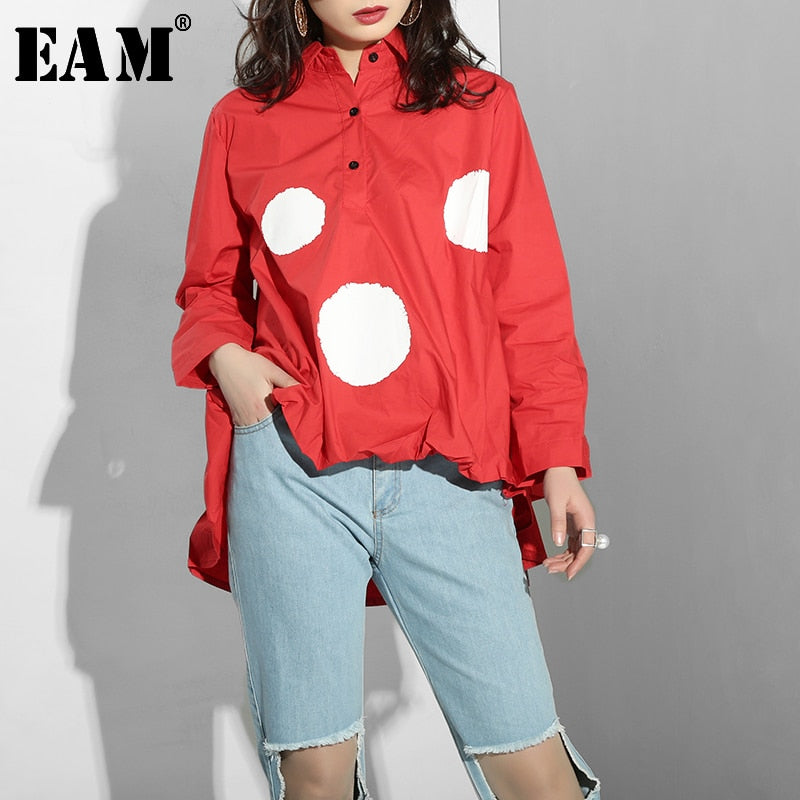 Special Benefits [EAM] 2020 New Spring  Lapel Long Sleeve Dot Hem Ruffles Pleated Irregular Shirt Women Blouse Fashion QC51