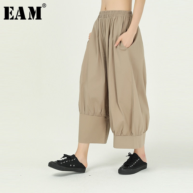 [EAM] High Elastic Waist Green Pleated Long Wide Leg Trousers New Loose Fit Pants Women Fashion Tide Spring Autumn 2020 1T143