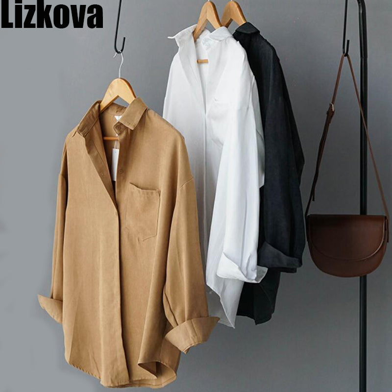 Lizkova White Blouse Women Suede Long Sleeve Formal Shirt 2020 Spring Lapel Ladies Blouse Streetwear 8866