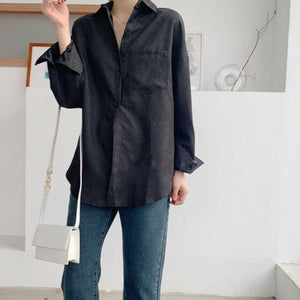 Lizkova White Blouse Women Suede Long Sleeve Formal Shirt 2020 Spring Lapel Ladies Blouse Streetwear 8866