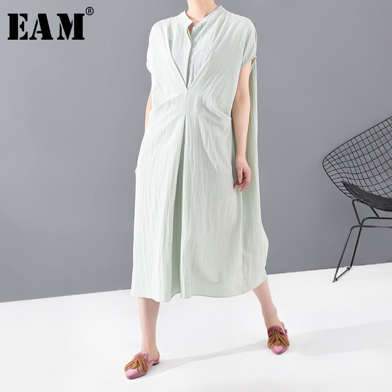 [EAM] Women Geen Knot Bow Brief Big Size Dress New Stand Collar Sleeveless Loose Fit Fashion Tide Spring Summer 2020 1T09506