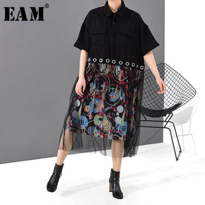 [EAM] Women Black Mesh Split Printted Big Size Shirt Dress New Lapel Half Sleeve Loose Fit Fashion Tide Spring Summer 2020 1T484