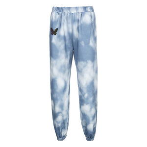 Waatfaak Butterfly Print Women Joggers Trousers Casual Tie Dye Sweatpants Women Blue Baggy Elastic Wasit Harem Pants Streetwear