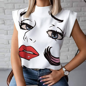 Women Elegant Lips Print blouse shirts 2020 Summer Casual Stand Neck Pullovers tops Ladies Fashion cute Eye Short Sleeve Blusa