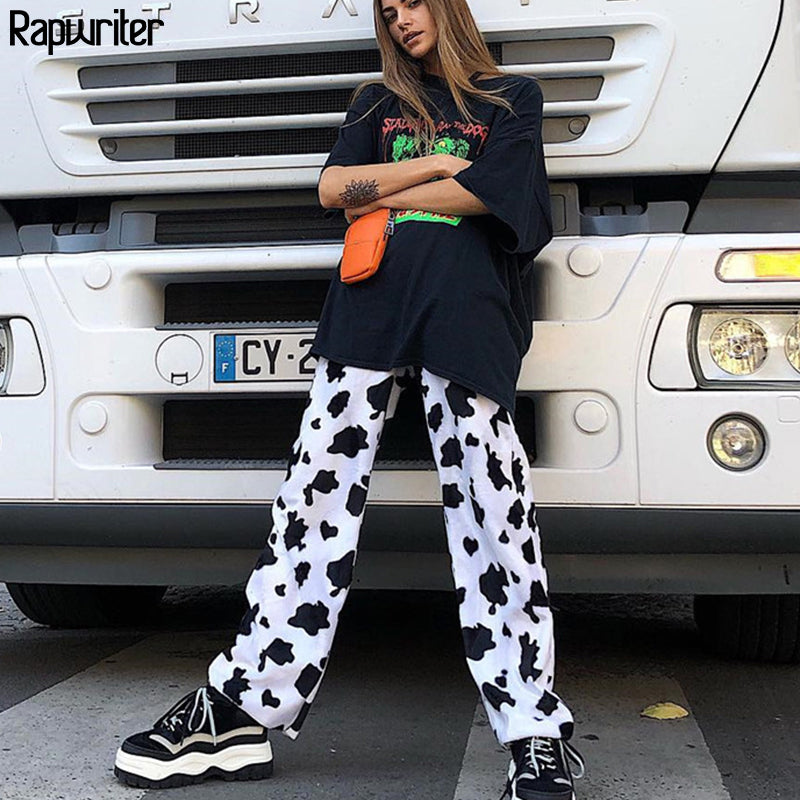 Rapwriter Casual Elastic High Waist Milk Cow Print Pants Women Summer Straight Loose Fashion Trousers Heat Pantalon Femme Pants