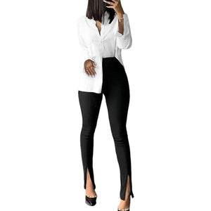 Office Lady Skinny Fit Stretchy Flare Pants with Slits Women Solid High Waist Push Up Buttom Ankle Length Trousers