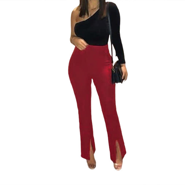 Office Lady Skinny Fit Stretchy Flare Pants with Slits Women Solid High Waist Push Up Buttom Ankle Length Trousers