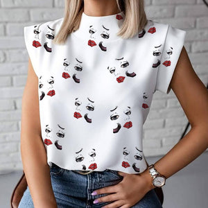 Women Elegant Lips Print blouse shirts 2020 Summer Casual Stand Neck Pullovers tops Ladies Fashion cute Eye Short Sleeve Blusa