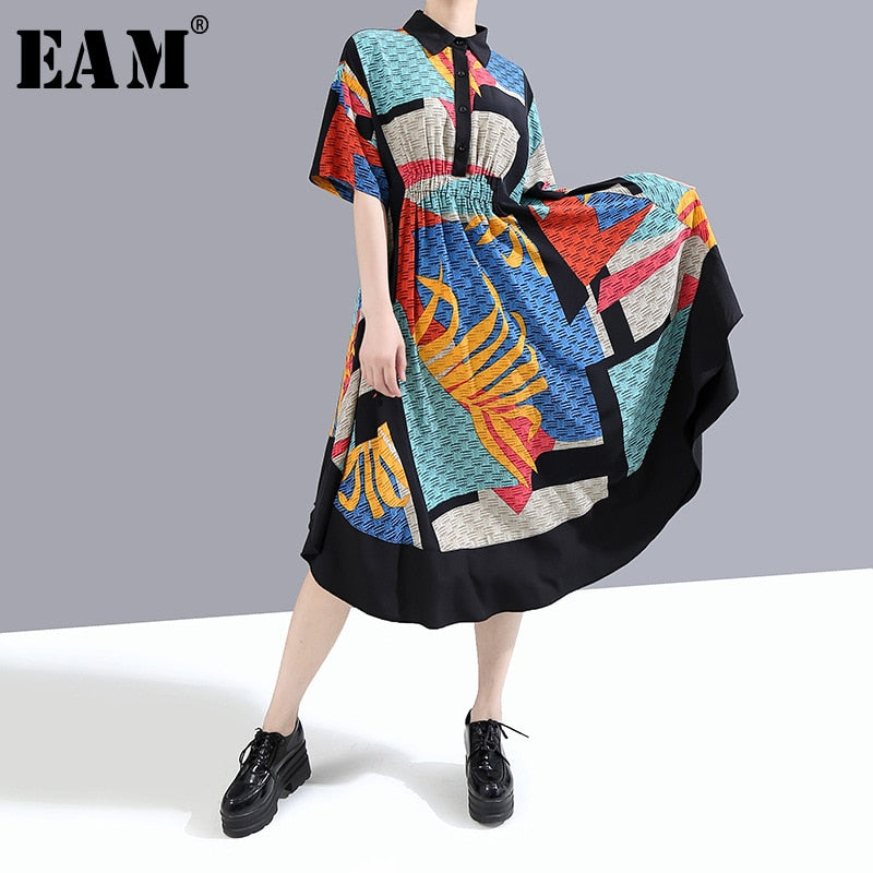 [EAM] Women Blue Pattern Irregular Printed Long Shirt Dress New Lapel Half Sleeve Loose Fit Fashion Spring Summer 2020 1W339