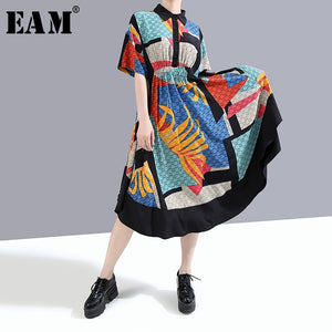 [EAM] Women Blue Pattern Irregular Printed Long Shirt Dress New Lapel Half Sleeve Loose Fit Fashion Spring Summer 2020 1W339