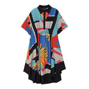 [EAM] Women Blue Pattern Irregular Printed Long Shirt Dress New Lapel Half Sleeve Loose Fit Fashion Spring Summer 2020 1W339