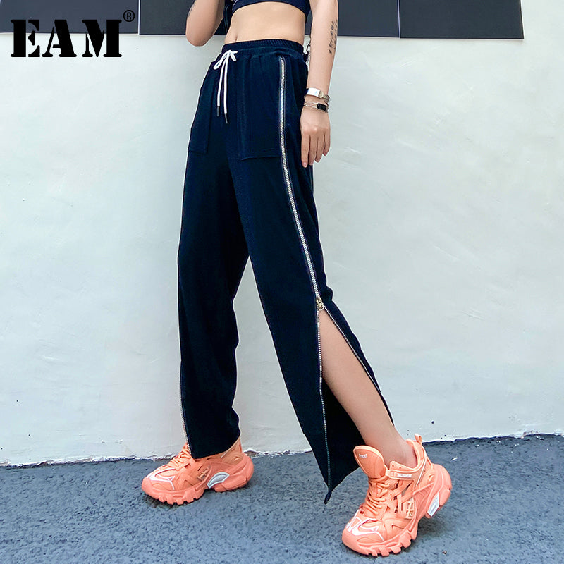 [EAM] High Elastic Waist Black Zipper Split Harem Trousers New Loose Fit Pants Women Fashion Tide Spring Summer 2020 1U550