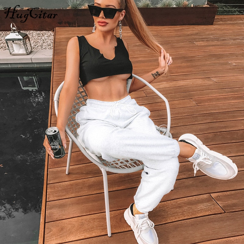 Hugcitar cotton high waist losse baggy cargo pants 2019 autumn winter fitness trousers streetwear outfits