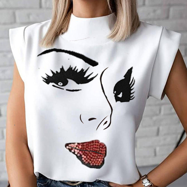 Women Elegant Lips Print blouse shirts 2020 Summer Casual Stand Neck Pullovers tops Ladies Fashion cute Eye Short Sleeve Blusa