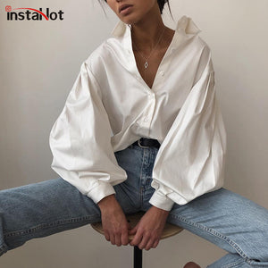 InstaHot Lantern Sleeve Elegant Shirt White Black Sexy Button Vintage Blouse Turn Down Collar Office Ladies Shirt Female Casual