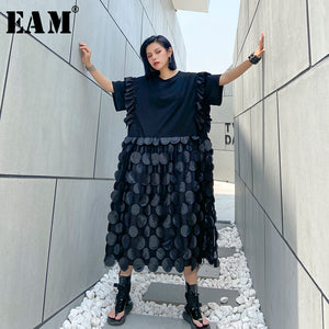 [EAM] Women Black Dot Patch Ruffles Big Size Dress New Round Neck Half Sleeve Loose Fit Fashion Tide Spring Summer 2020 1U085