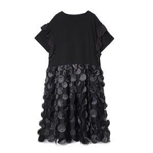 [EAM] Women Black Dot Patch Ruffles Big Size Dress New Round Neck Half Sleeve Loose Fit Fashion Tide Spring Summer 2020 1U085