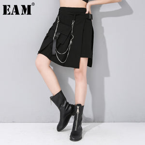 [EAM] High Elastic Waist Black Pocket Split Wide Leg Trousers New Loose Fit Pants Women Fashion Tide Spring Autumn 2020 1N495