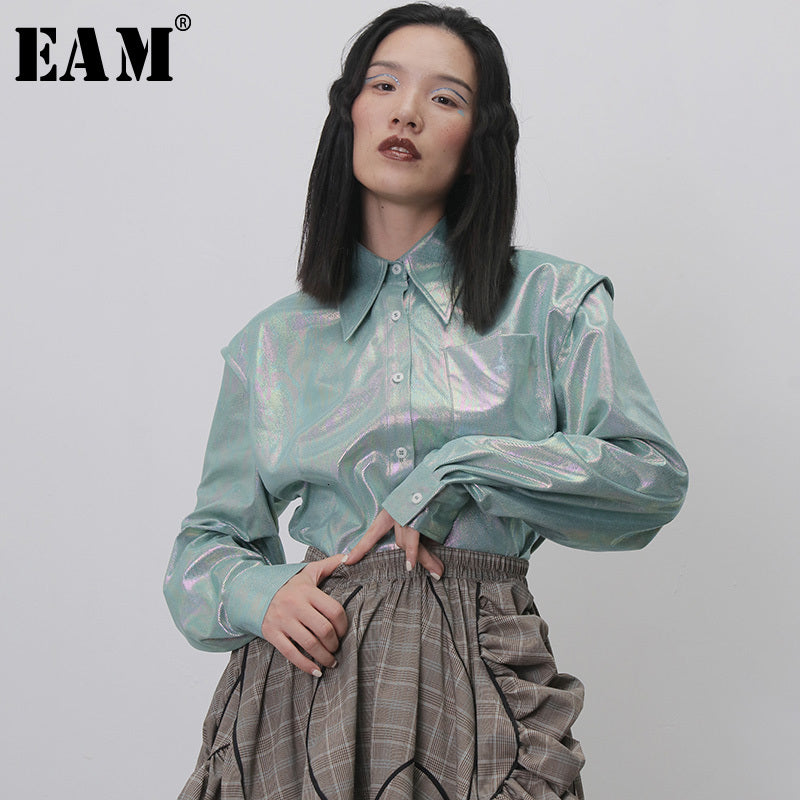 [EAM] Women Green Split Joint Shining Blouse New Lapel Long Sleeve Loose Fit Shirt Fashion Tide Spring Autumn 2020 1H268