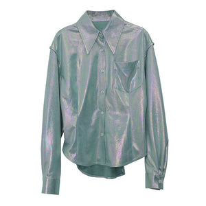 [EAM] Women Green Split Joint Shining Blouse New Lapel Long Sleeve Loose Fit Shirt Fashion Tide Spring Autumn 2020 1H268