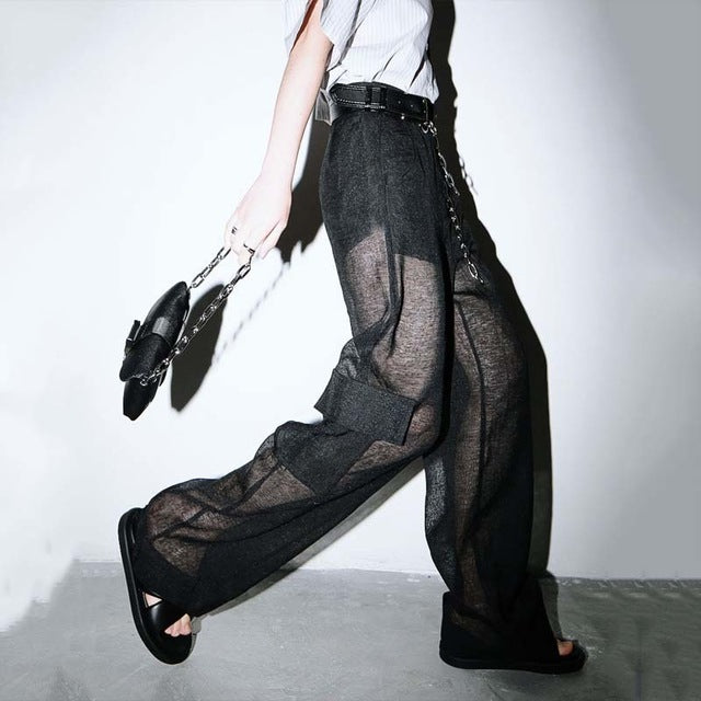 [EAM] High Waist Black Perspective Thin Long Wide Leg Trousers New Loose Fit Pants Women Fashion Tide Spring Summer 2020 1W225