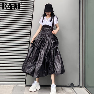 [EAM] Women Black Pleated Big Hem Split Thin Long Strap Dress New Sleeveless Loose Fit Fashion Tide Spring Summer 2020 1W507