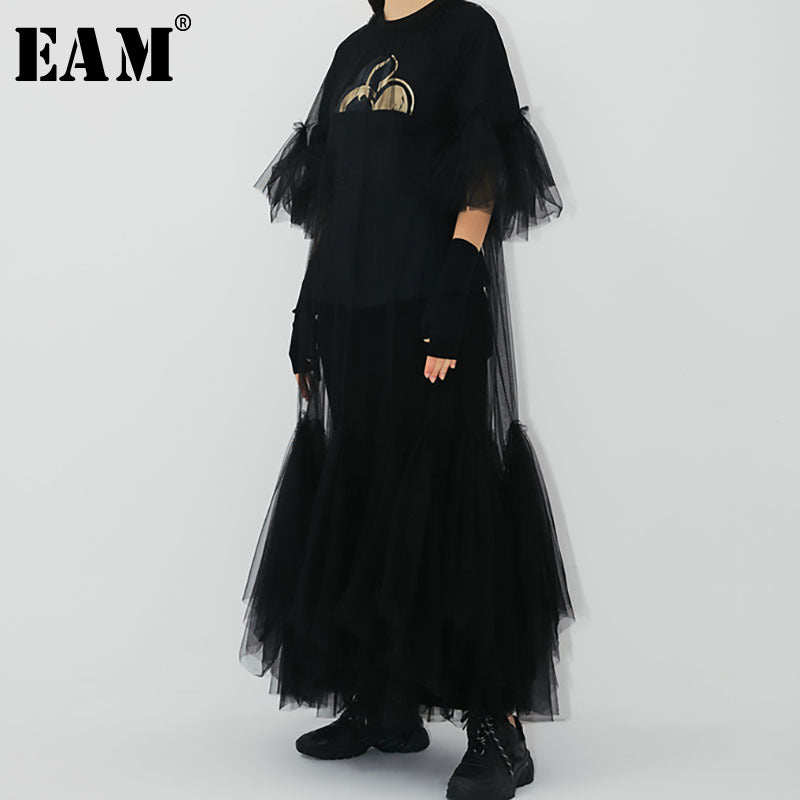 [EAM] Women Black Mesh Ruffles Long Bigs Size Dress New Round Neck Half Sleeve Loose Fit Fashion Tide Spring Summer 2020 JR771