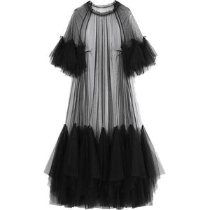 [EAM] Women Black Mesh Ruffles Long Bigs Size Dress New Round Neck Half Sleeve Loose Fit Fashion Tide Spring Summer 2020 JR771