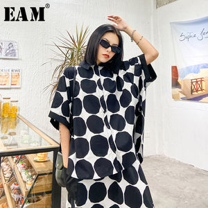 [EAM] Women Black Dot Priinted Big Size Blouse New Lapel Long Sleeve Loose Fit Shirt Fashion Tide Spring Summer 2020 1W678