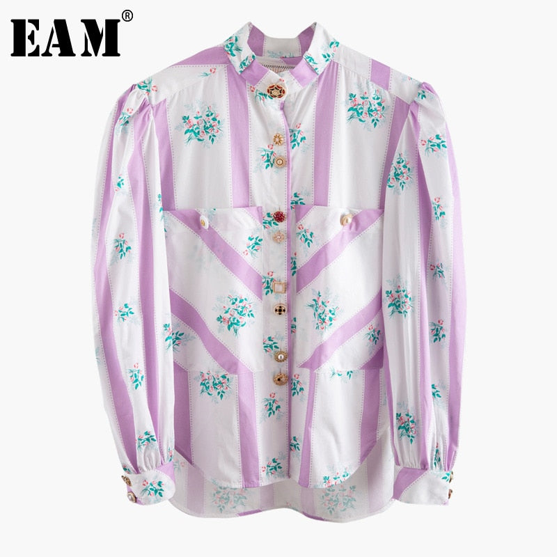 [EAM] Women Purple Pattern Printed Big Size Blouse New Stand Collar Long Sleeve Loose Shirt Fashion Spring Summer 2020 WM19114