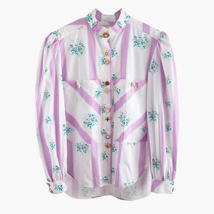 [EAM] Women Purple Pattern Printed Big Size Blouse New Stand Collar Long Sleeve Loose Shirt Fashion Spring Summer 2020 WM19114