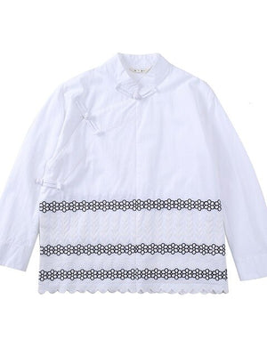 [EAM] Women Embroidery Hit Color Blouse New Stand Nine-quarter Sleeve Loose Fit Shirt Fashion Tide Spring Autumn 2020 1B751