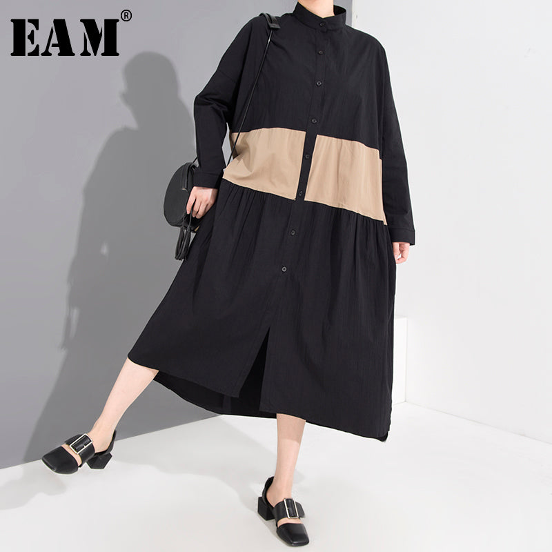 [EAM] Women Back Contrast Color Pleated Big Sie Shirt Dress New Stand Collar Long Sleeve Loose Fashion Spring Autumn 2020 1A3250