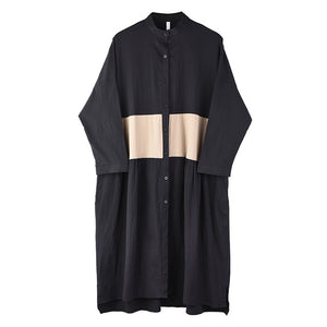 [EAM] Women Back Contrast Color Pleated Big Sie Shirt Dress New Stand Collar Long Sleeve Loose Fashion Spring Autumn 2020 1A3250