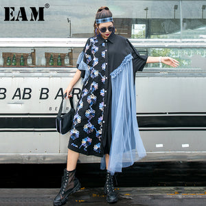 [EAM] Women Black Irregular Mesh Big Size Shirt Dress New Lapel Half Sleeve Loose Fit Fashion Tide Spring Summer 2020 1W913