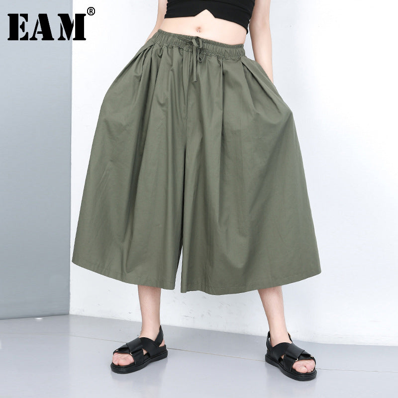 [EAM] High Elastic Waist Green Multicolor Long Wide Leg Trousers New Loose Fit Pants Women Fashion Tide Spring Autumn 2020 JU671