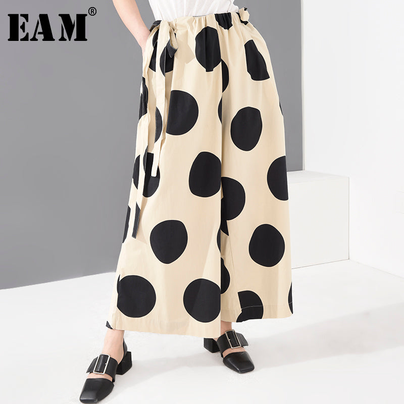 [EAM] High Elastic Waist Dot Printed Wide Leg Trousers New Loose Fit Pants Women Fashion Tide Spring Summer 2020 1W04004