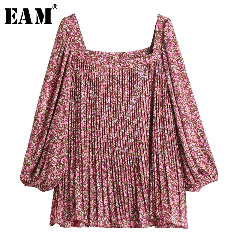 [EAM] Women Pattern Printed Pleated Big Size Blouse New Square Collar Long Sleeve Loose Shirt Fashion Spring Summer 2020 1U6760