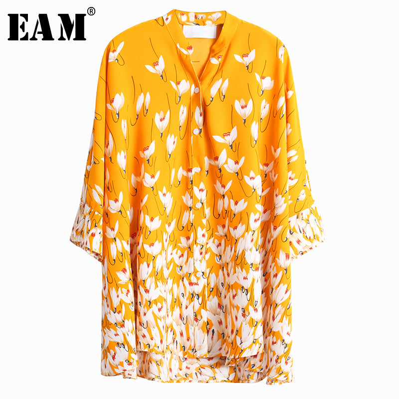 [EAM] Women Pattern Printed Big Size Blouse New Stand Collar Three-quarter Sleeve Loose Shirt Fashion Spring Autumn 2020 1W619