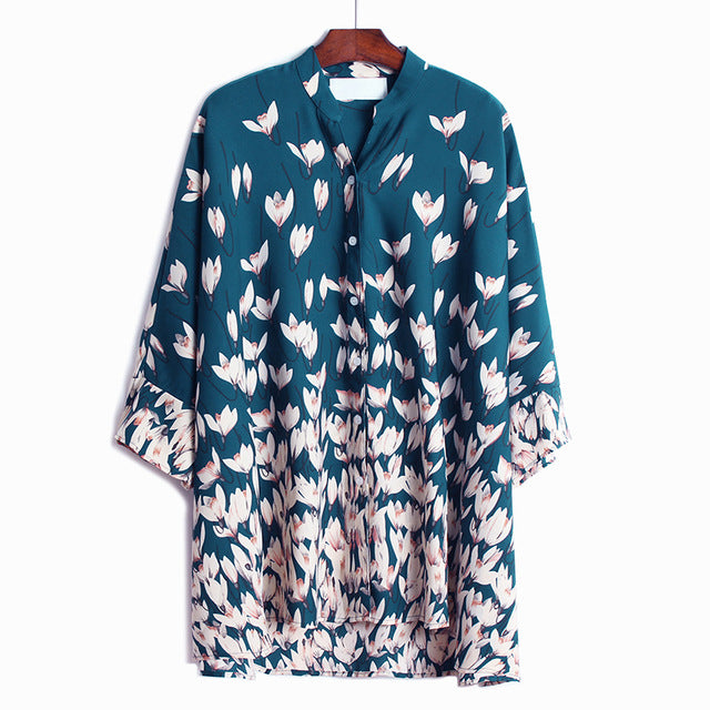 [EAM] Women Pattern Printed Big Size Blouse New Stand Collar Three-quarter Sleeve Loose Shirt Fashion Spring Autumn 2020 1W619