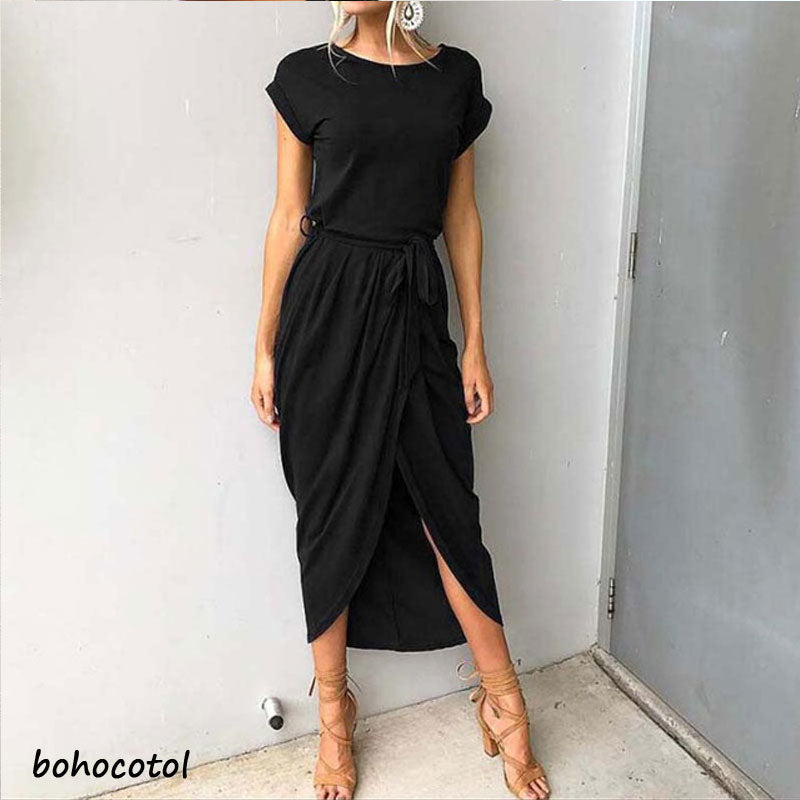 2020 spring and summer fashion short-sleeved dress front split irregular short-sleeved slim dress multicolor large size