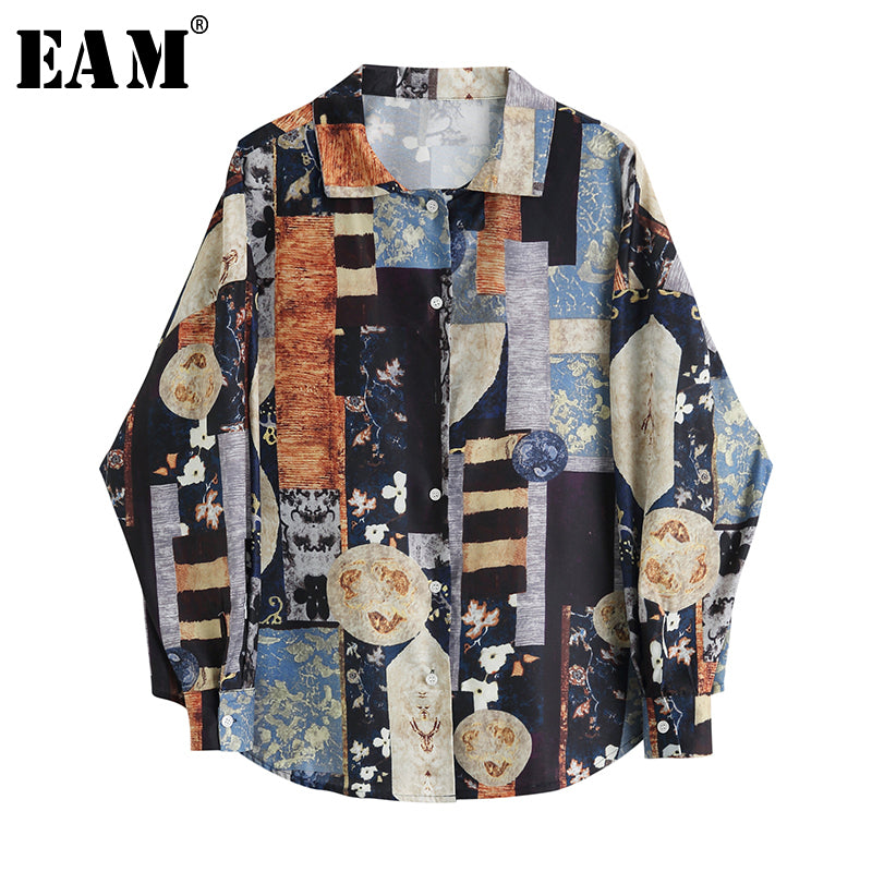 [EAM] Women Pattern Printed Big Size Temperament Blouse New Lapel Long Sleeve Loose Fit Shirt Fashion Spring Summer 2020 1U978